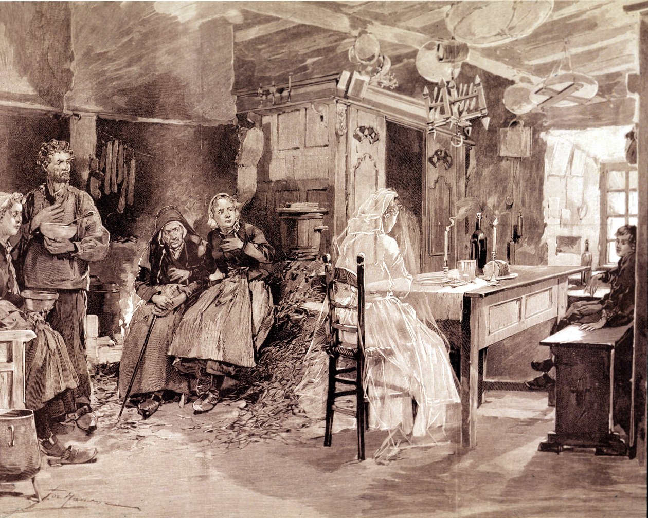 Engraving depicting a Breton legend that the ghosts of people who died at sea would present themselves to their loved ones every 1 November. 作者 未知艺术家