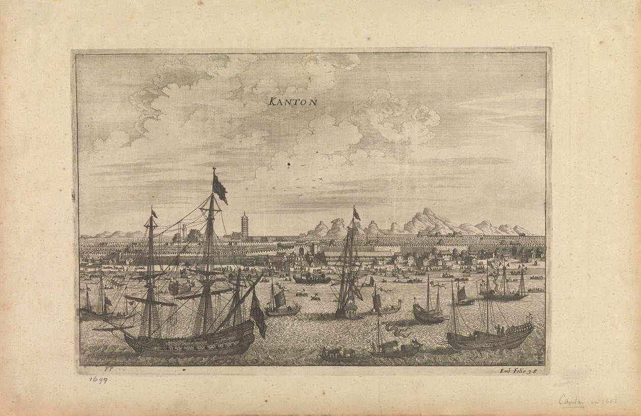 题为 "Kanton 1655 "的版画，是艺术家 1655 年从船上对广州的印象 作者 未知艺术家
