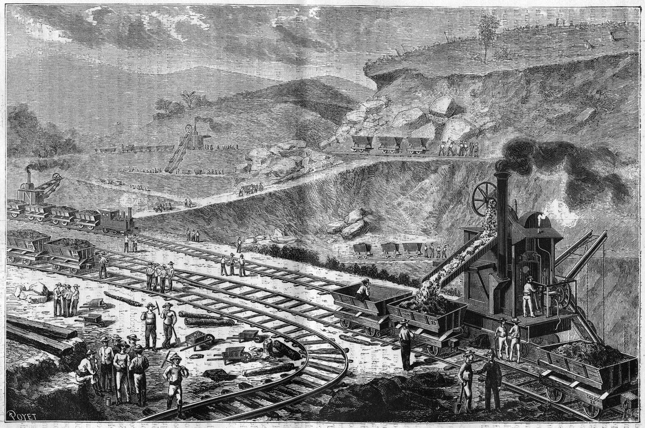 1885年的版画，展示了在巴拿马地峡钻探的工作。在Emperador的船厂看到的一次攻击。 作者 未知艺术家