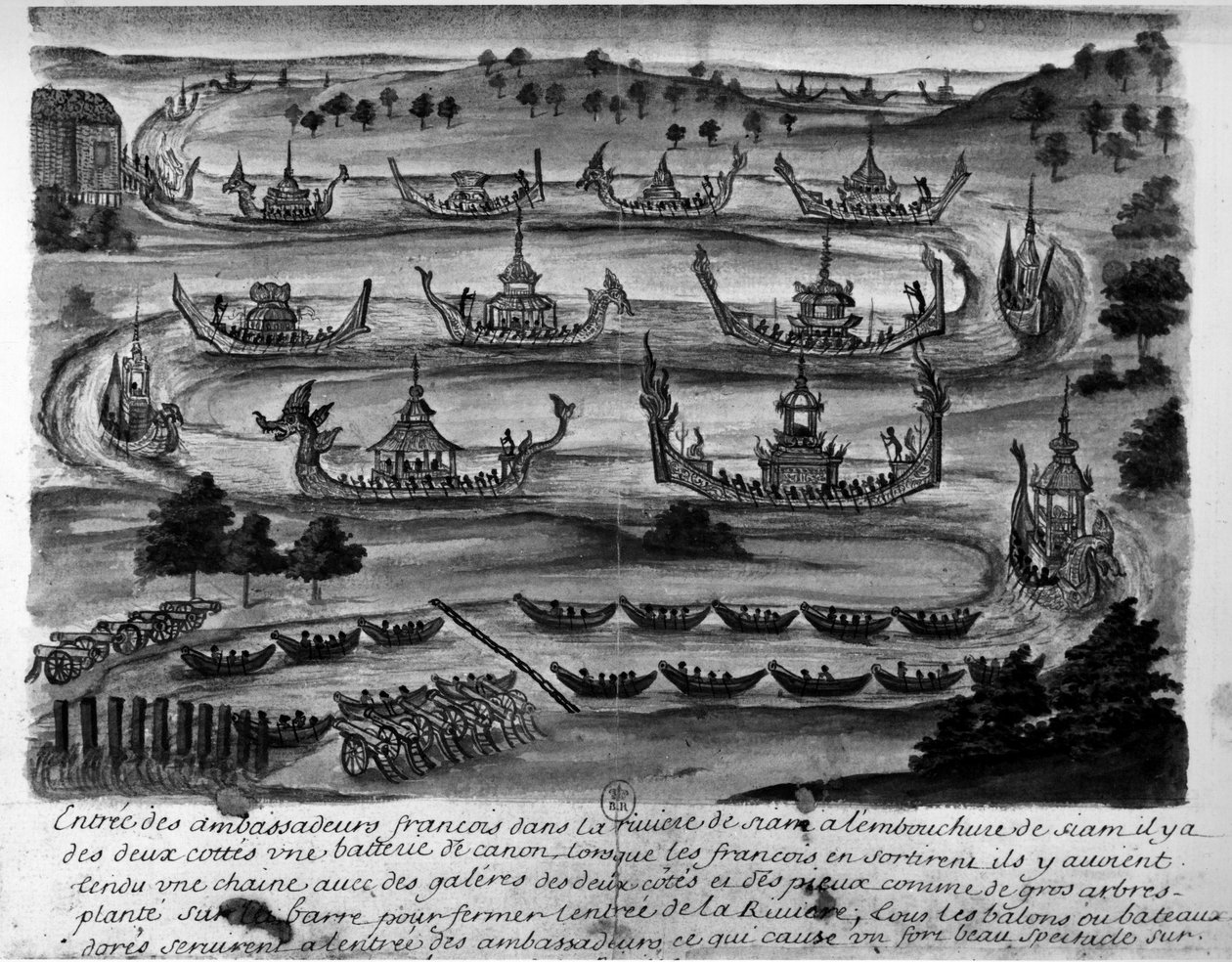 进入暹罗河的法国大使 - 在“暹罗王国的航行，1688 年的历史”中。 作者 未知艺术家