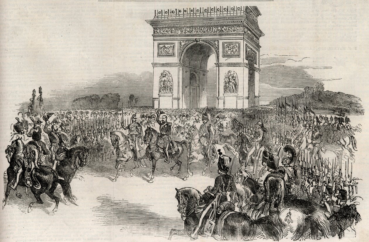 1852年12月2日，拿破仑三世通过凯旋门进入巴黎，版画--法国皇帝拿破仑三世（1808-1873）于1852年12月2日进入巴黎。 作者 未知艺术家