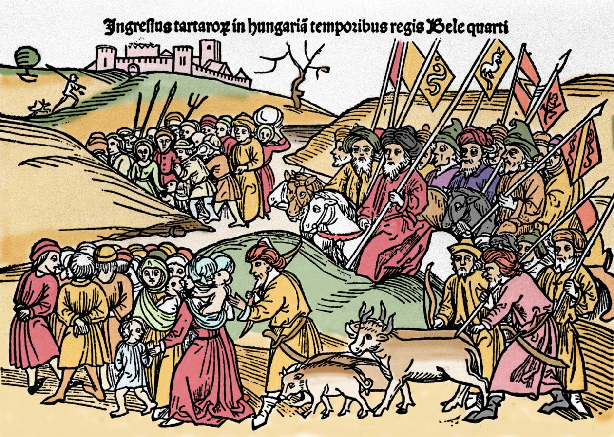 Entry of the Tartars into Hungary under the rule of Bela IV (1235-1270) of Hungary. Engraving from “Chronica Hungariae””. Biblioteca Marciana, Venice. 作者 未知艺术家