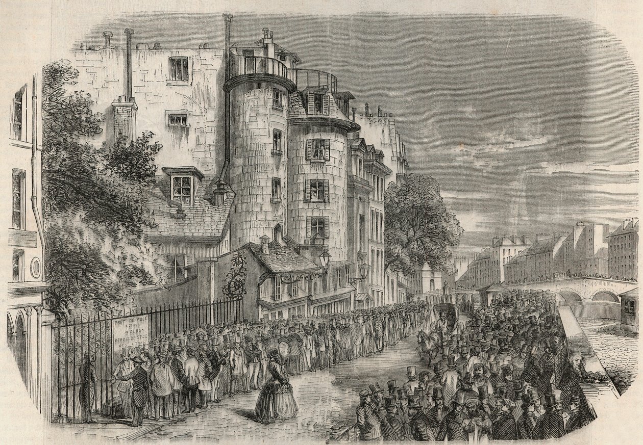 1871年之前的19世纪，巴黎耶路撒冷街在Quai des Orfevres拐角处的警察局入口--Edmond Texier 1852年在 "Tableau-de-Paris "的雕刻。 作者 未知艺术家