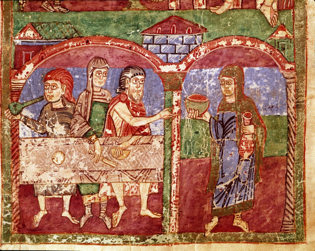 法兰克国王克洛泰尔一世的妻子 Sainte Radegonde (Radegundis) de Poitiers (519-587) 生平剧集：Radegonde 在慈善工作期间为穷人服务。 11 世纪手稿的缩影。 普瓦捷市立图书馆 作者 未知艺术家