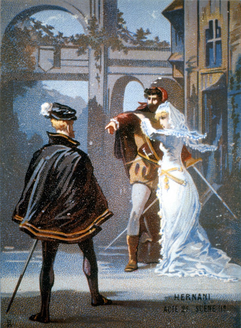 Ernani de Giuseppe Verdi，第二幕，第二场。 19 世纪彩色石版画。 作者 未知艺术家