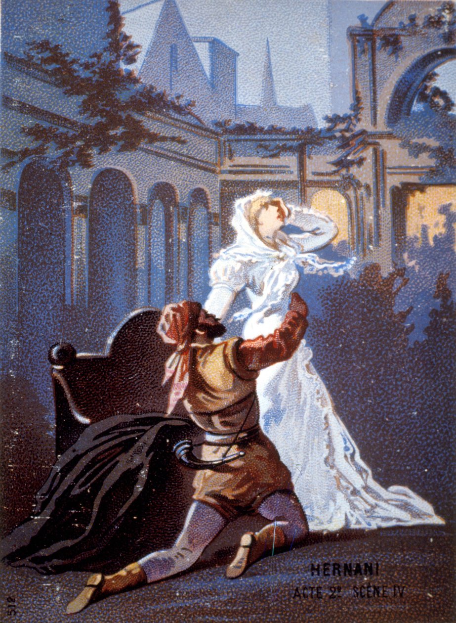 Ernani de Giuseppe Verdi 第二幕，第四场。 19 世纪彩色石版画。 作者 未知艺术家