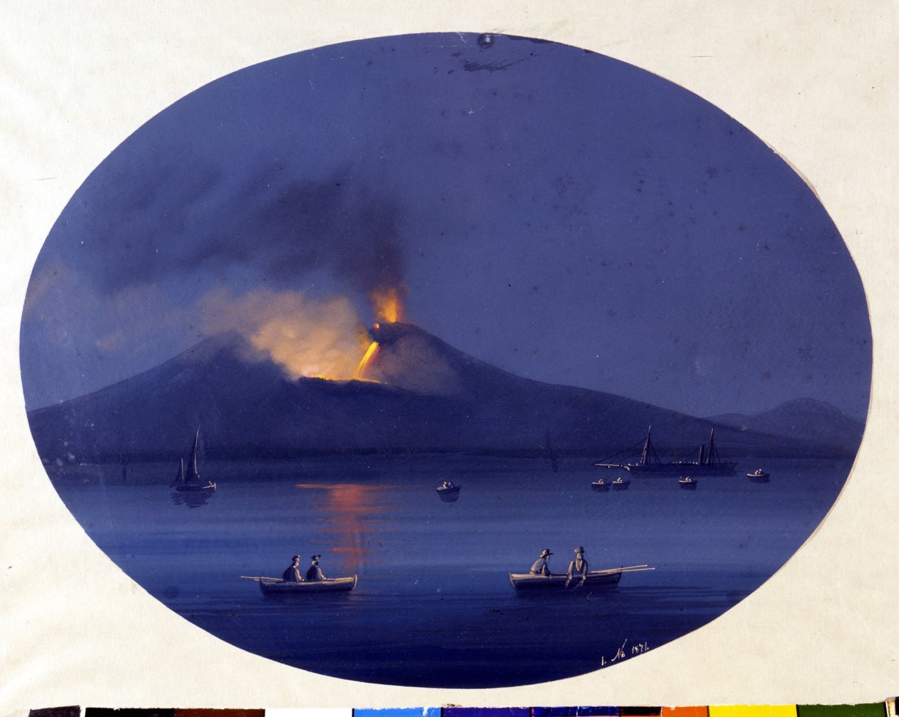 从卡塔尼亚附近的海上看到的埃特纳火山夜间喷发。 19 世纪的匿名绘画。 作者 未知艺术家