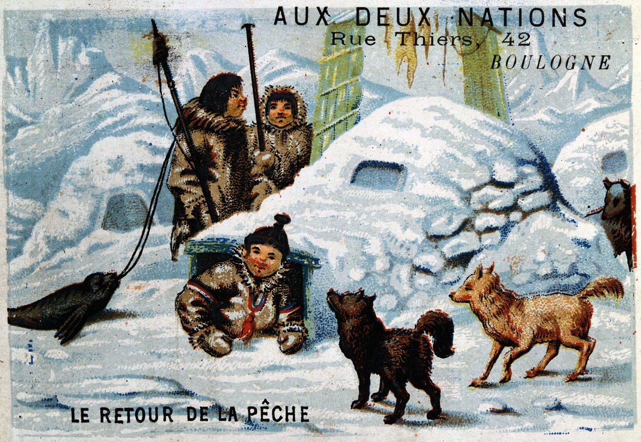 爱斯基摩人 - 捕鱼的回归，布洛涅“aux deux Nations”商店的广告，大约在 1895 年。 作者 未知艺术家