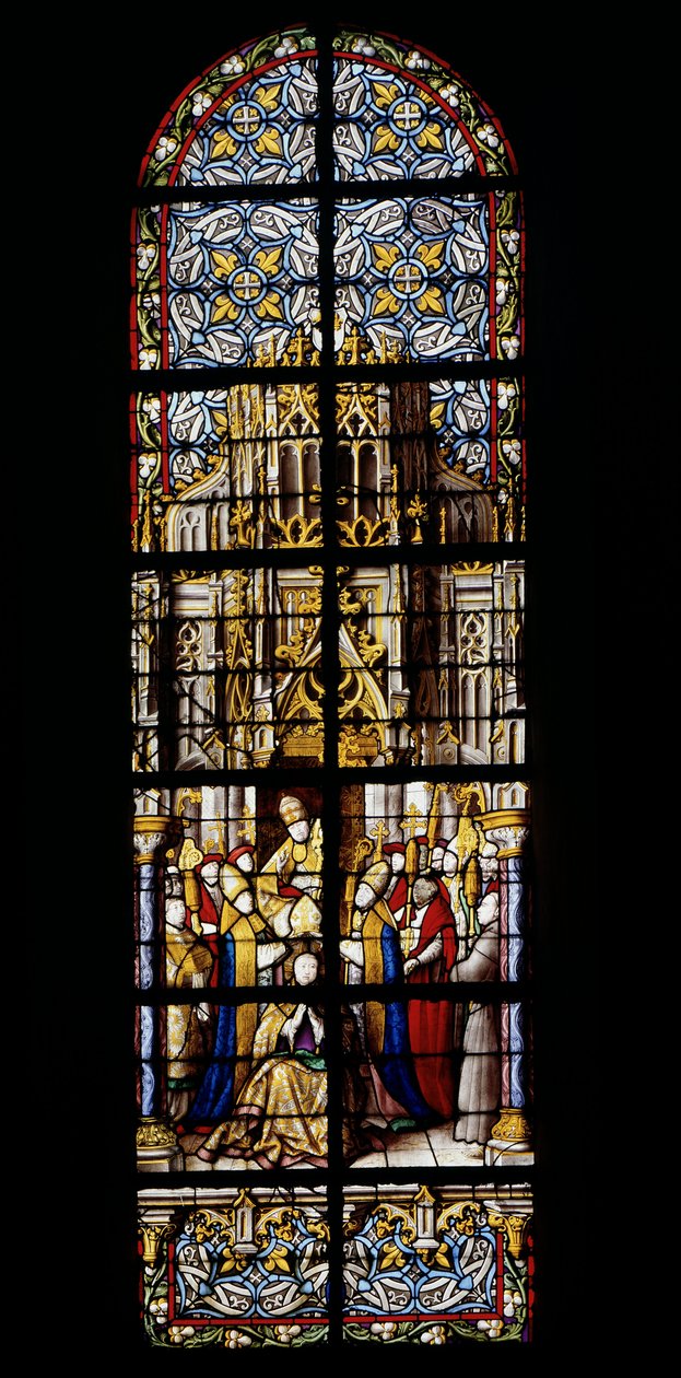 Eugene III, former monk of Claivaux, climbs to the pontificate throne on 15 February 1145. Stained glass at the Cathedrale de Tournai: Transept left (2). 作者 未知艺术家