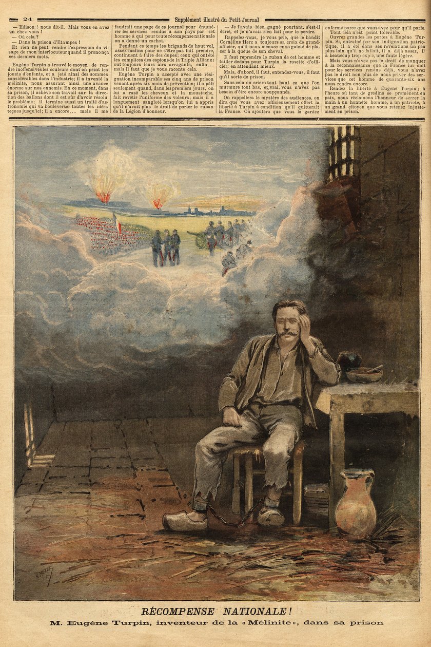 尤金·特平（Eugene Turpin，1848-1927 年）化学家，1884 年在他的牢房中发明了melinite（一种炸药），他被指控（错误地）将他的发明卖给了敌人。 他启发儒勒·凡尔纳 (Jules Verne) 在小说《长篇大论》中饰演托马斯·罗克 (Thomas Roch) 的角色。 雕刻在 作者 未知艺术家