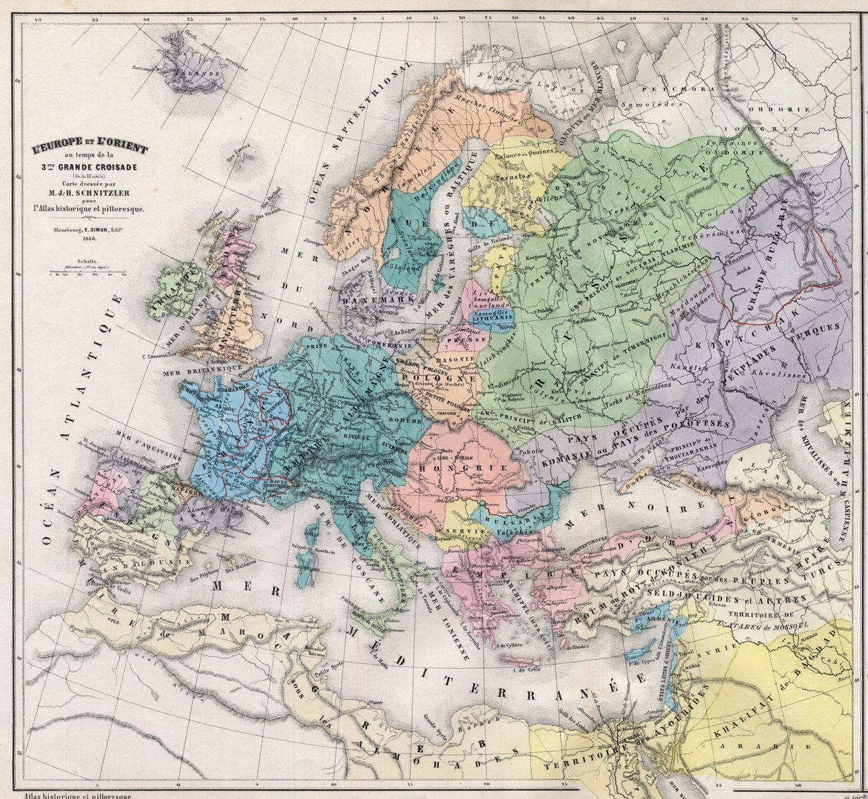 13世纪末第三次大十字军东征时的欧洲和东方--M J-H Schnitzler绘制的地图，1858年的《历史与图画地图》。 作者 未知艺术家