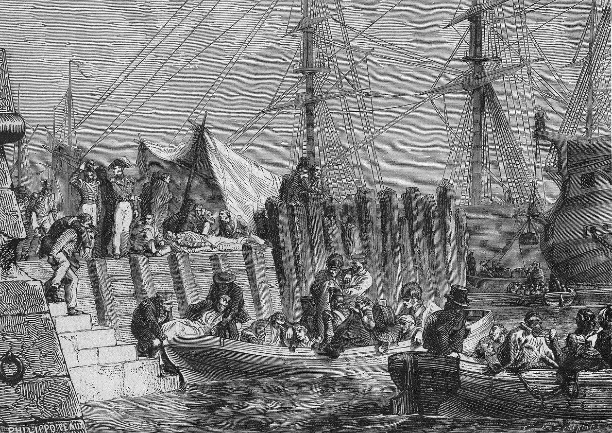 1802年英国人撤离弗勒斯林格：病人上船--载于亨利-马丁（Henri Martin）著的《法国历史》，已故。19世纪。 作者 未知艺术家