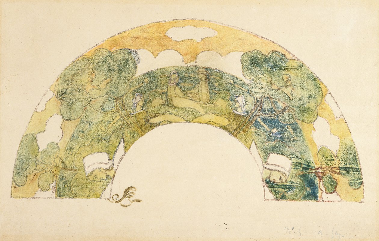 Evantail - Bretons Au Bord De La Mer（《扇子 - 海边的布列塔尼人》）（锌版画和单版画，手工上色） 作者 未知艺术家