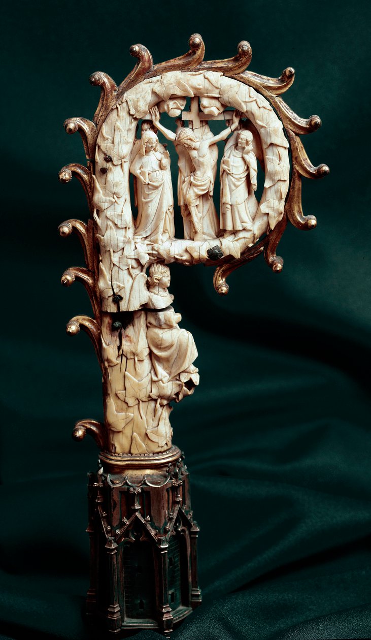 Eveque stock in copper, gold metal and ivory representing the Crucifixion. 1300 around Paris, national museum of the Middle Ages, thermal baths of Cluny 作者 未知艺术家