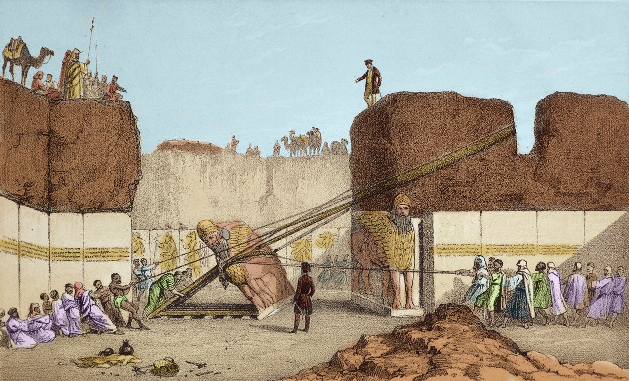 尼尼微(Nineveh)的发掘--亨利-拉雅德(Henri Layard)在19世纪到美索不达米亚旅行后，对尼姆鲁德(Nimroud)废墟的发掘；大公牛翅膀的替换--在奥斯汀-亨利爵士的发掘中，从尼姆鲁德运来了一头有翅膀的公牛 作者 未知艺术家