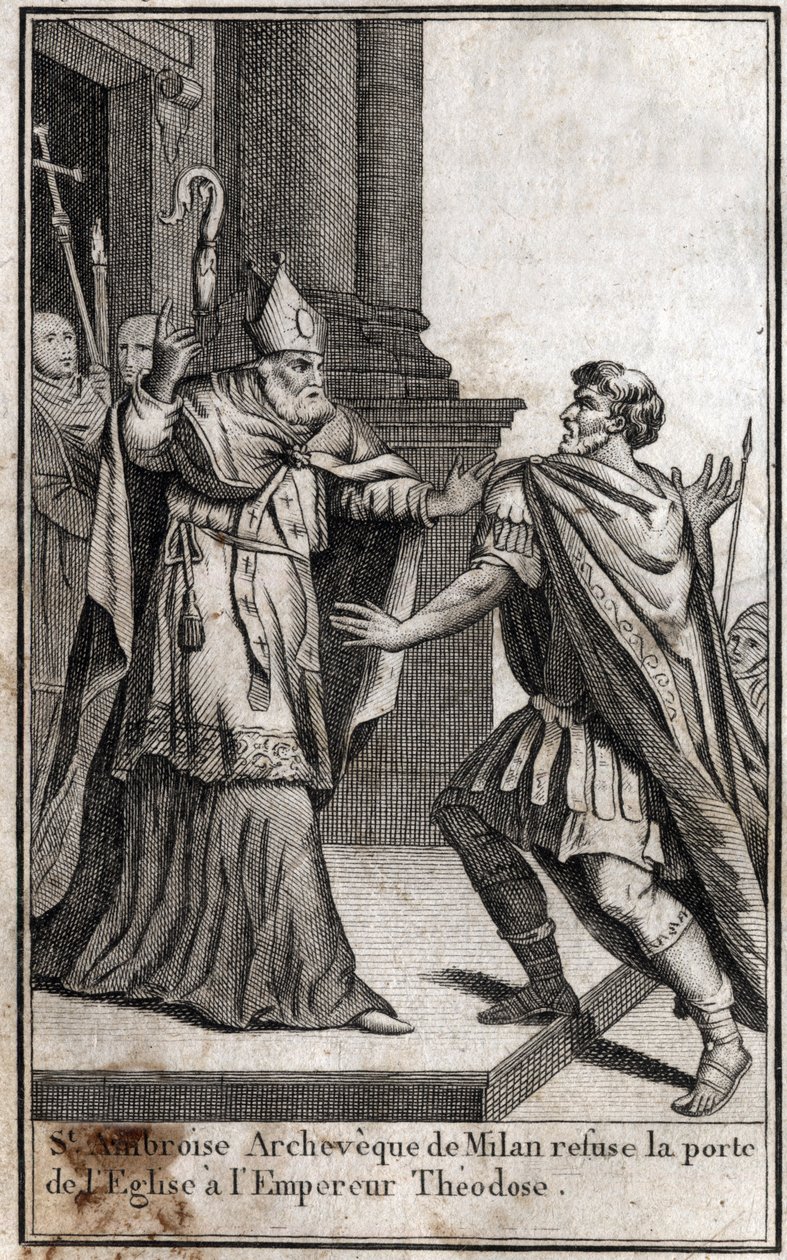 驱逐：米兰的圣安布罗斯（Aurelius Ambrosius，Ambrogio di Milano，340-397）的拱门拒绝了罗马皇帝狄奥多西一世（Flavius Theodosius）（347-395），以惩罚他在390年对塞萨洛尼基的屠杀行为。雕版画在 作者 未知艺术家