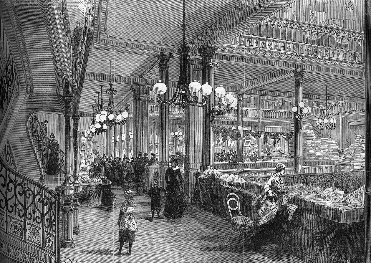 扩建 "Bon marche "商店。通往自助餐厅的新画廊。巴黎1880年。 作者 未知艺术家