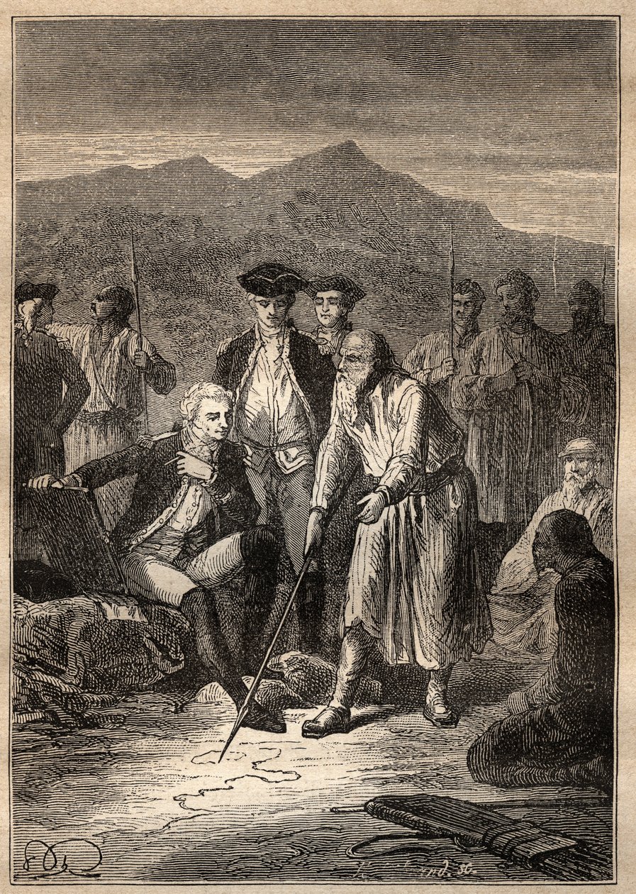 Jean Francois Galaup de La Perouse（1741-1788）的《环球探险》（1785-1788）：水手们在Saghalian岛（Sakhaline）登岸时遇到一位老人，他为他们画了一张鞑靼岛的地图--插图来自《18世纪的伟大航海家》。 作者 未知艺术家