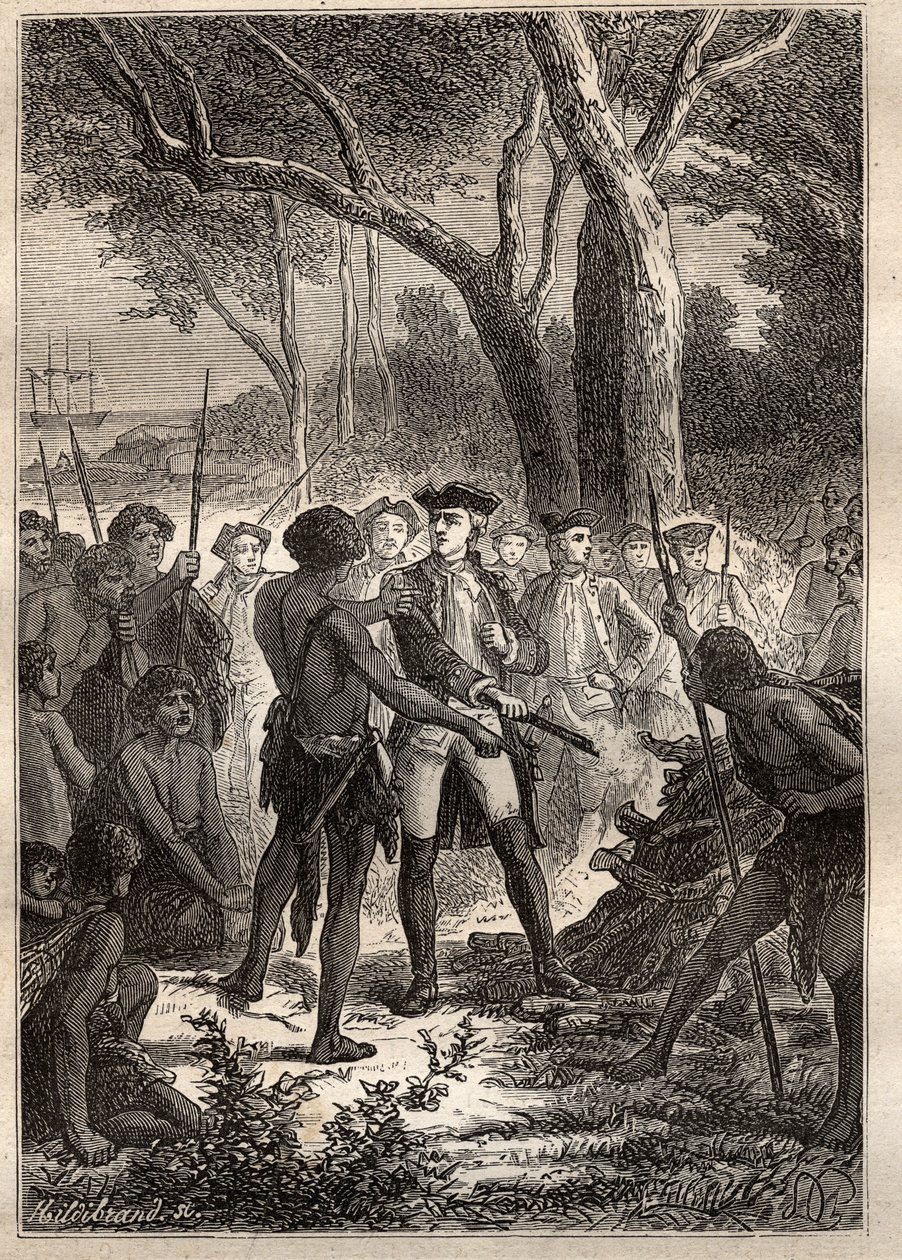 尼古拉-托马斯-马里昂-杜弗伦（Marion Dufresne）（1729-1772）的远征。马里昂在弗雷德里克-亨利湾（塔斯马尼亚）登岸，被原住民提供了一个点燃的烙印--插图摘自 "18世纪伟大的航海家" 作者 未知艺术家