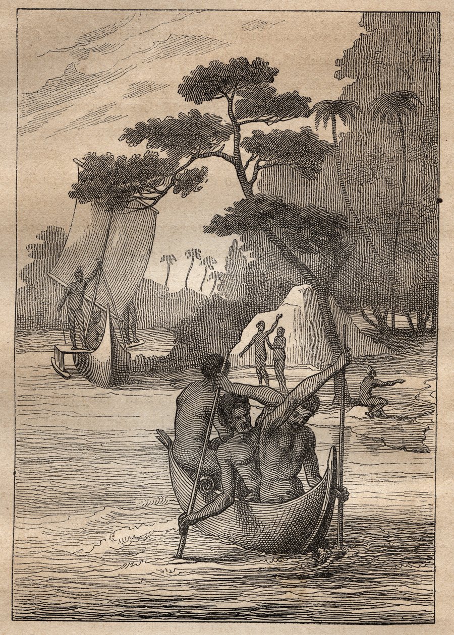 尼古拉-托马斯-马里昂-杜弗伦（Marion Dufresne）（1729-1772）的探险：来自阿德米罗特群岛（俾斯麦群岛，巴布亚新几内亚）的独木舟--插图取自 "18世纪伟大的航海家" 作者 未知艺术家