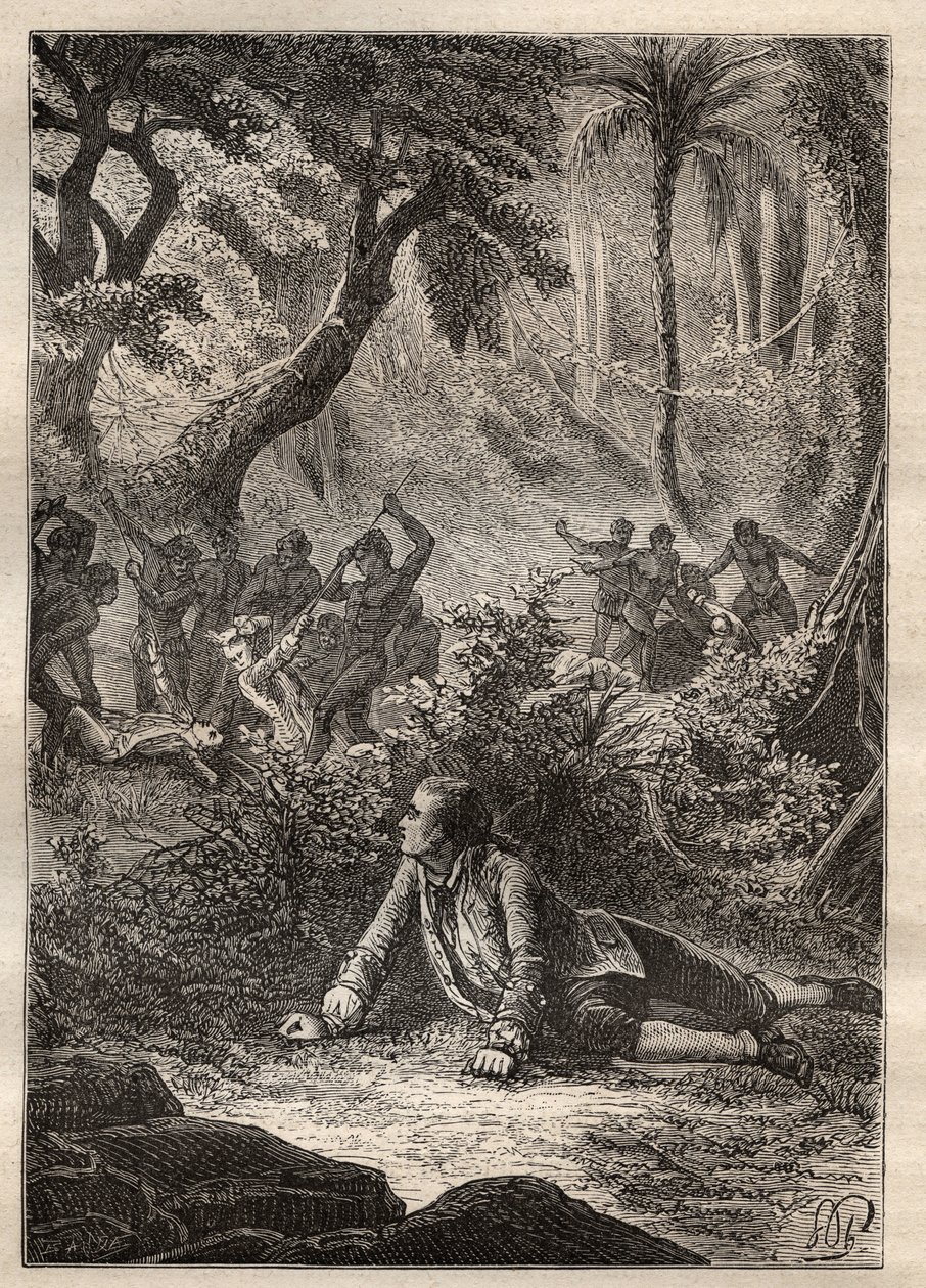尼古拉-托马斯-马里昂-杜弗伦（Marion Dufresne）（1729-1772）的探险：唯一幸存的水手见证了包括马里昂在内的所有战友被刺客湾（新西兰马图阿罗岛）的当地人屠杀--插图取自《G 作者 未知艺术家