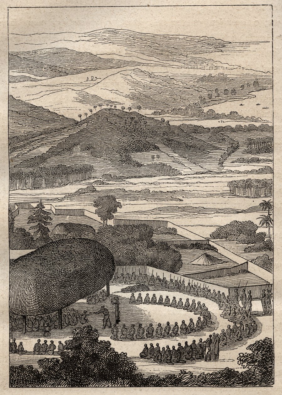 安托万-布鲁尼（Bruni）-德-恩特雷斯托（1737-1793）1791年为寻找让-弗朗索瓦-加拉鲁普-德-拉佩鲁兹（1741-1788）而进行的探险：在阿米斯岛（汤加王国，波利尼西亚）为德-恩特雷斯托举行的庆祝活动--插图来自《大马里》。 作者 未知艺术家