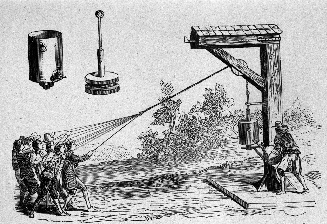 德国科学家奥托·冯·格里克 (Otto von Guericke) 在奥尔伯格亲王在场的情况下对气动真空进行的经验计算，以计算 1654 年 Ottonis de Guericke: Experimenta Nova Magdeburgica de vacuo spatio 作者 未知艺术家