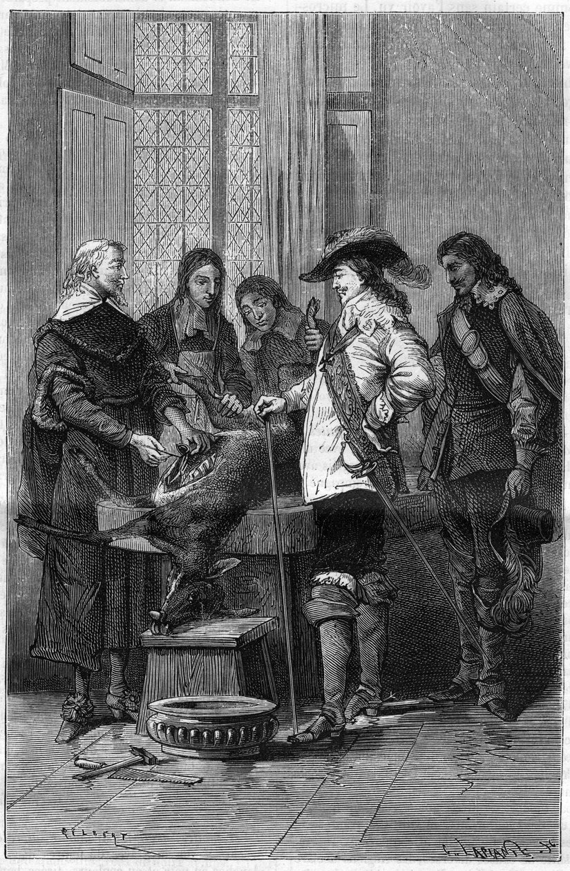英国医生威廉-哈维（1578-1657）向英国国王查尔斯一世-斯图亚特（1600-1649）和伦敦皇家学院的医生展示了活母鹿的血液循环现象的经验。在 "自然 "杂志上的版画 作者 未知艺术家