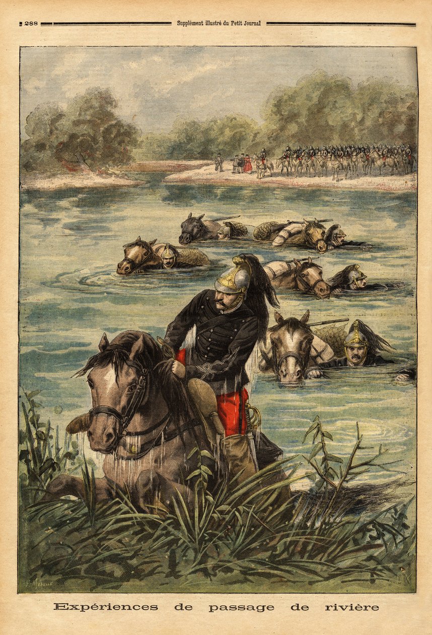 Experience of river passage by the 7th regiment of dragons in Fontainebleau. Engraving in “” Le petit journal”” 6/09/1896. Selva