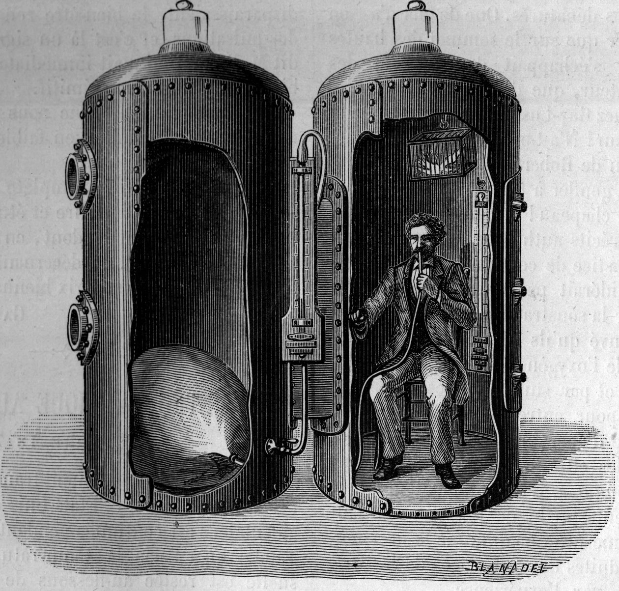 生理学家Paul Bert (1833-1886)关于气压的经验：呼吸吸氧的空气，通过降低压力而扩张。1年12月22日的《自然：科学与艺术和工业应用杂志》中的版画。 作者 未知艺术家
