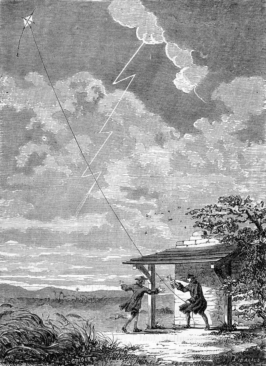 1752 年 9 月本杰明富兰克林在费城制作的电风筝实验 - 雕刻 作者 未知艺术家