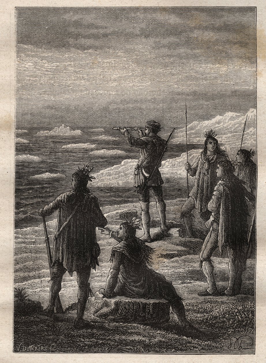 塞缪尔-赫恩（1745-1792）对加拿大北部的探索（1769-1772）：赫恩沿着铜钱河的路线前进，于1771年抵达北冰洋的河口--插图来自 "18世纪的伟大航海家" 作者 未知艺术家