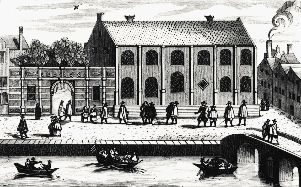 纪尧姆-德-拿骚于1575年创建的莱顿大学的建筑外景。在 "Illustrium Hollandiae等，Ordinum，Alma academia Leydensis "之后的版画。 作者 未知艺术家