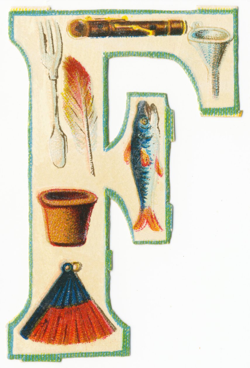 F：叉子，长笛，漏斗，花盆，羽毛，鱼，风扇（彩色光刻） 作者 未知艺术家
