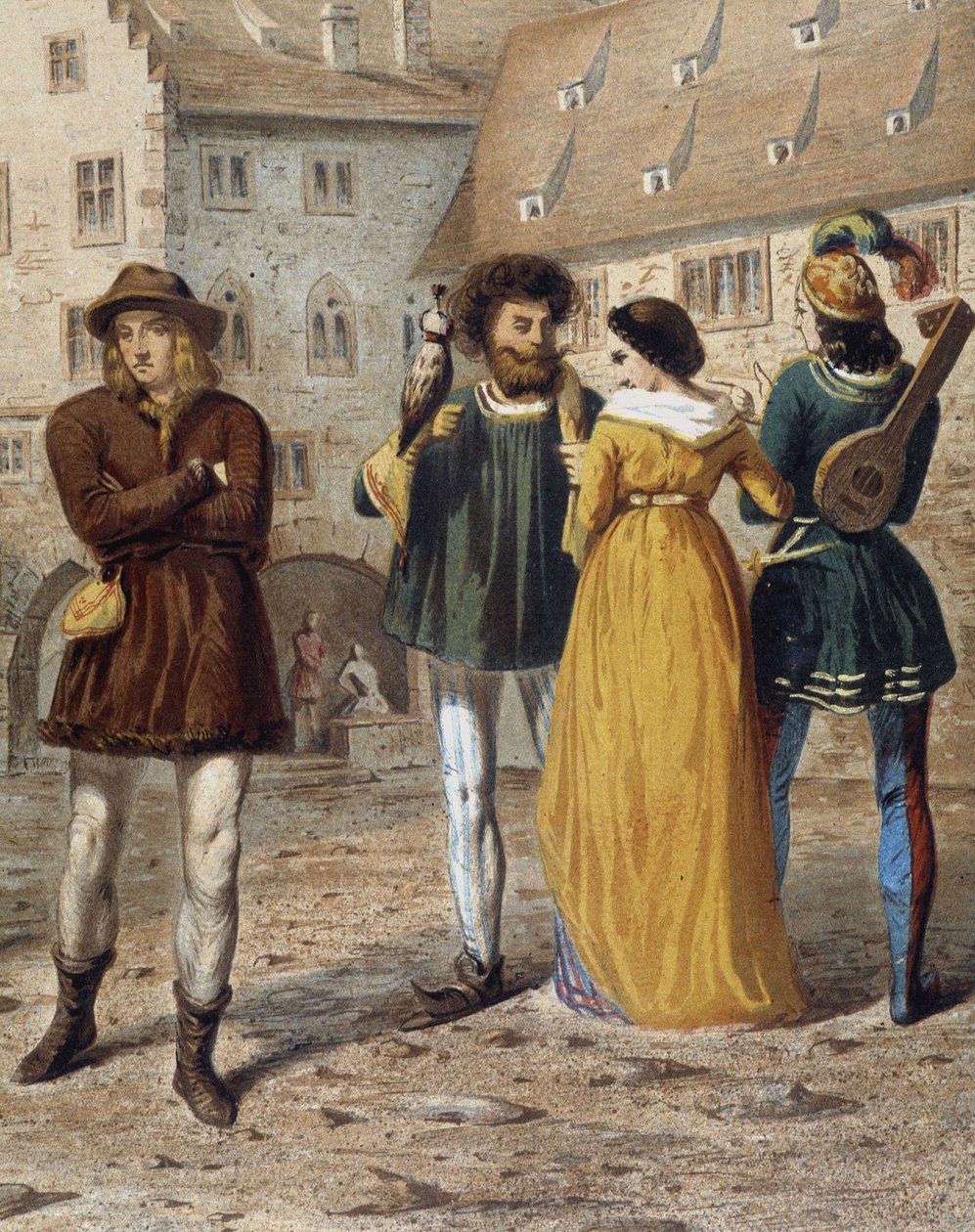 Falconer, lady and troubadour: street scene in Strasbourg in the Middle Ages. 作者 未知艺术家
