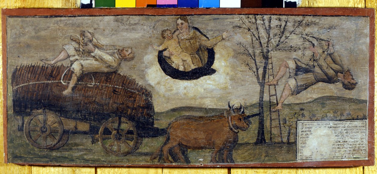 Fall of a tree on a cart filled with hay. 作者 未知艺术家