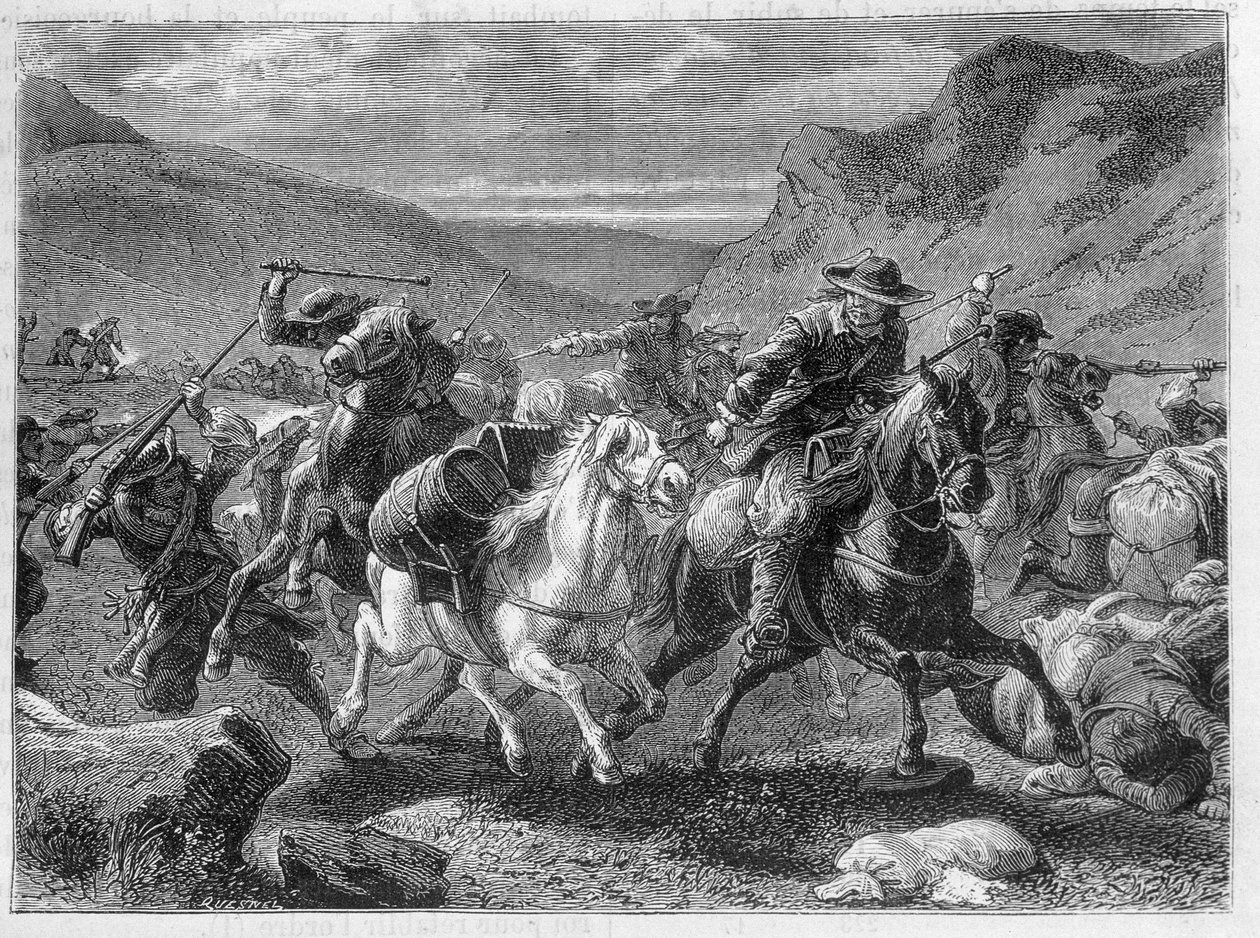 在国王士兵的伏击下，假桑拿人（False sauniers）受到攻击--在路易-费吉埃的《工业的奇迹》中 作者 未知艺术家