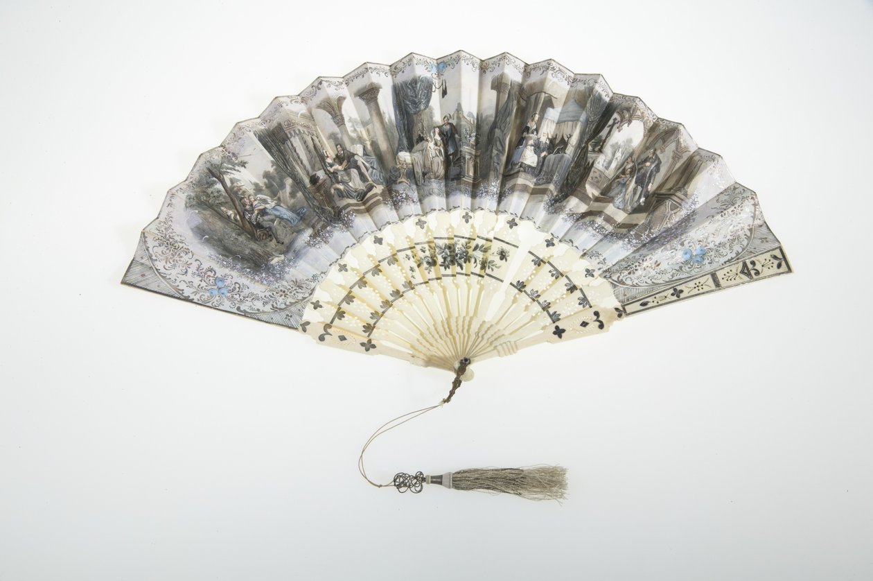 扇子，约 1850 年，彩纸、骨、银和丝绸和金属线流苏，制造商未知 作者 未知艺术家