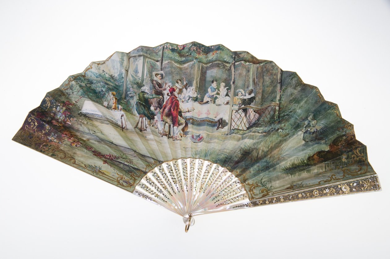 扇子，约1870年，印刷和彩绘纸，珍珠母，金，银，铜金属和镜子，制造商不详 作者 未知艺术家