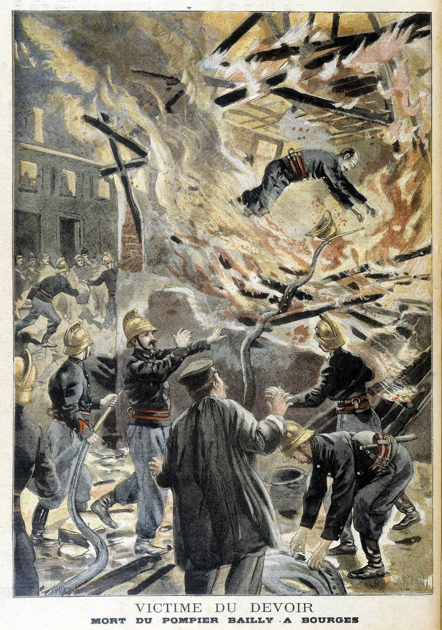 消防员 Bailly 在干预期间在布尔日的一场火灾中丧生。 1898 年的“小杂志”插图。 作者 未知艺术家