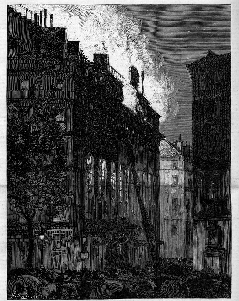 1887年5月26日从Rue Marivaux和Boulevard des Italians看到的巴黎歌剧院（Opera-Comique）的火灾。刊登在 "辉煌世界 "上的版画 作者 未知艺术家