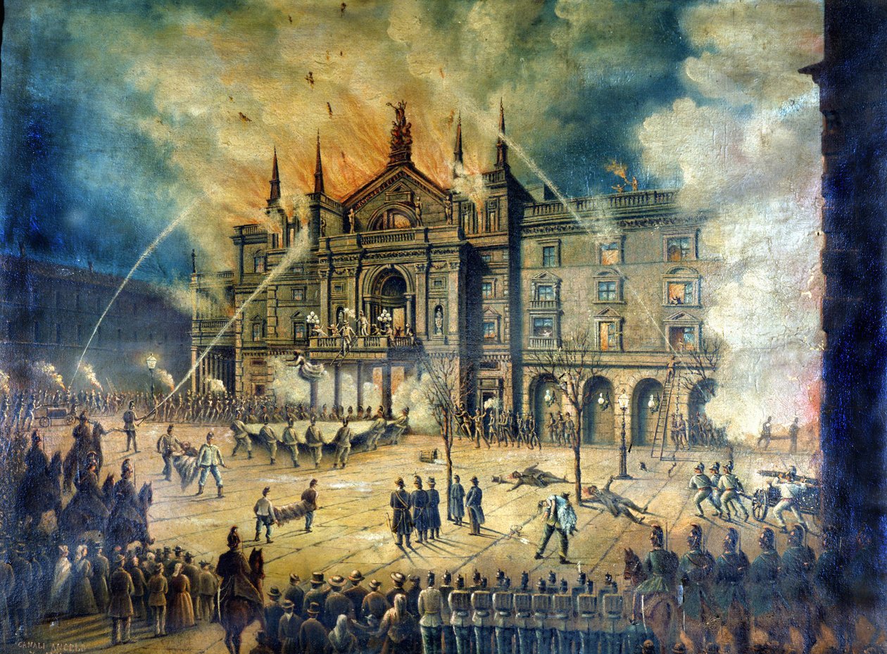 1881 年维也纳歌剧院维也纳环形剧院火灾。19 世纪绘画 作者 未知艺术家