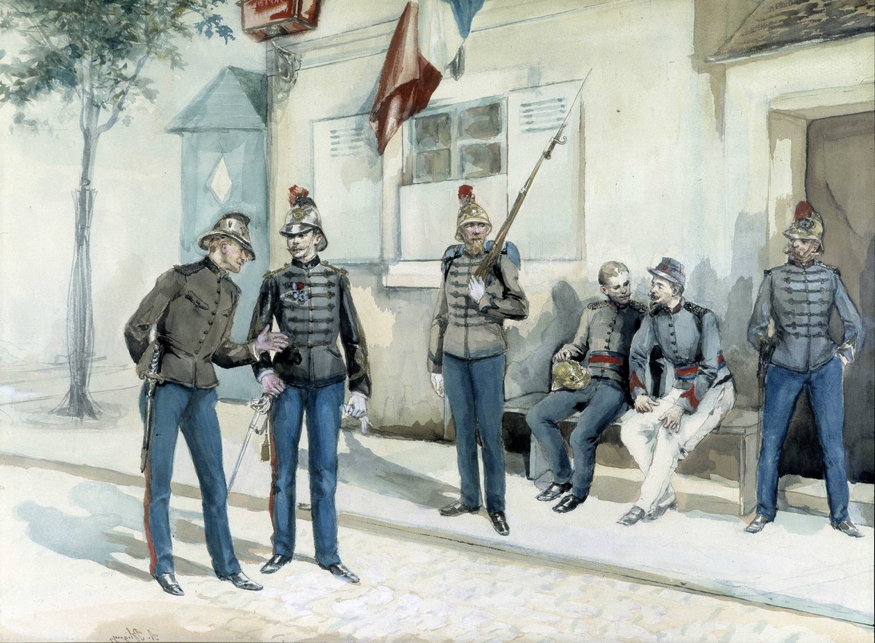 1870年，消防员在他们的营房前。 作者 未知艺术家