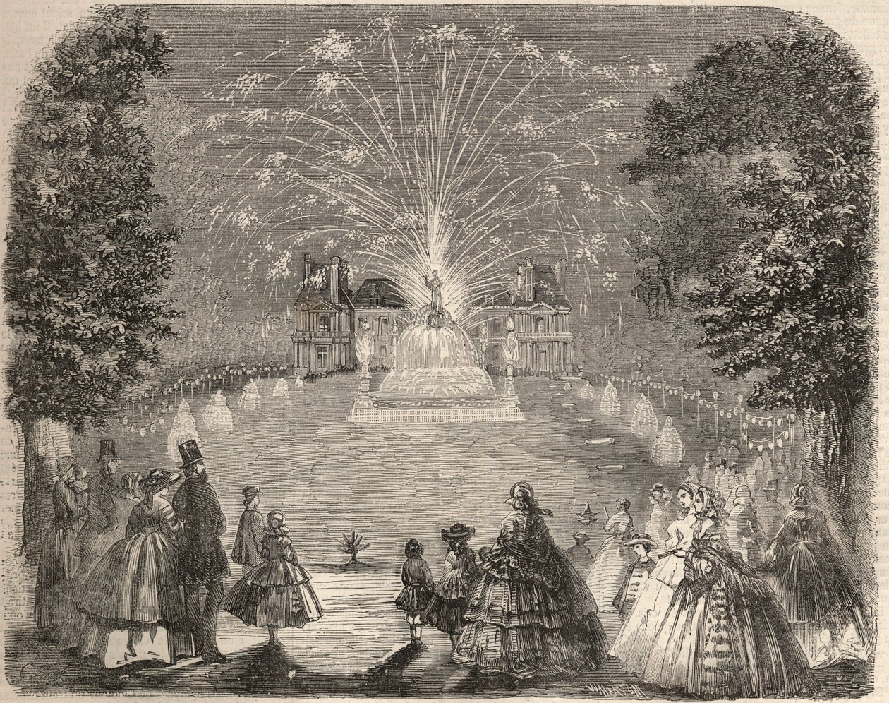 农业委员会比赛当晚，拉菲特之家（House-Laffitte）城堡的烟花和照明。1857年 "Le Monde illustrious "中的版画。私人收藏。 作者 未知艺术家