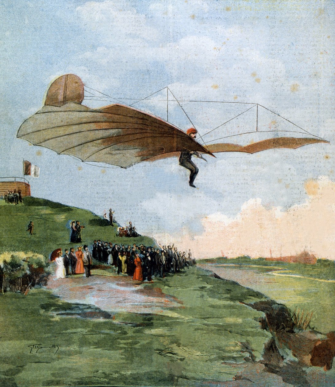 1894 年，德国工程师 Otto Lilienthal（1848-1896）在他的飞机上进行了第一次滑翔测试 作者 未知艺术家