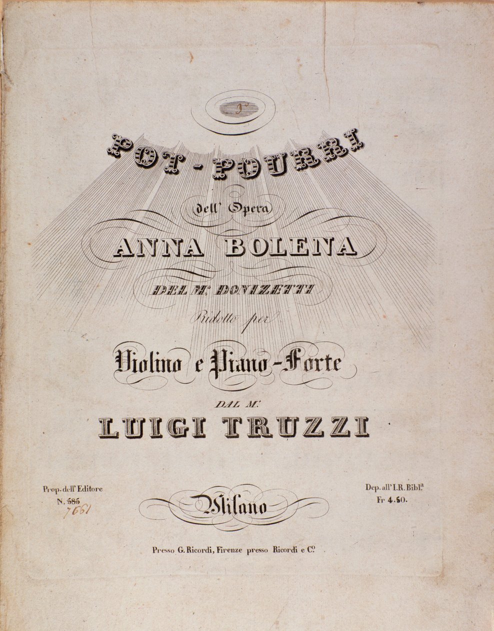 First page of sheet music of a pot pourri of Anna Bolena, opera by Gaetano Donizetti 作者 未知艺术家