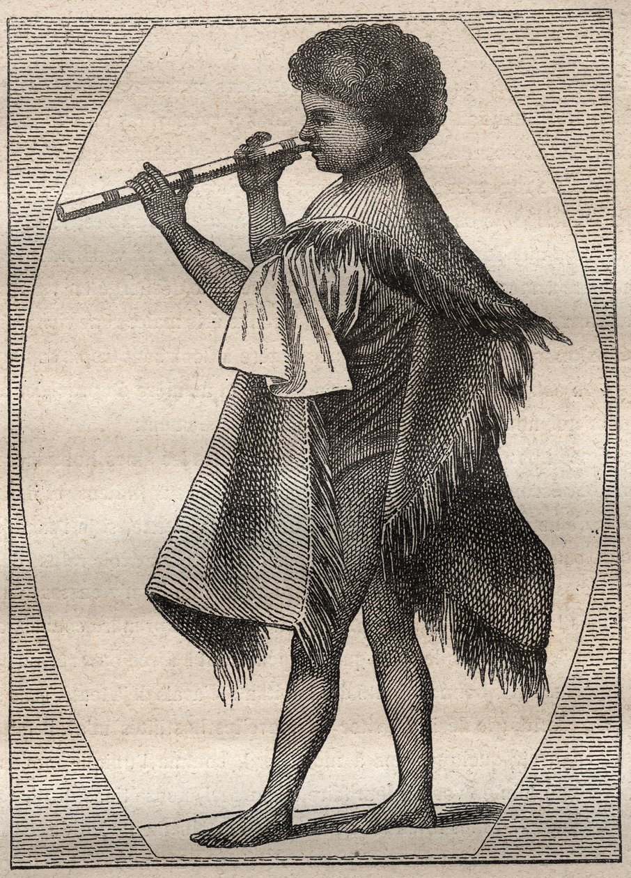 詹姆斯-库克船长（1728-1779）的第一次航行（1768-1771）。大溪地的长笛演奏者--插图摘自 "18世纪伟大的航海家" 作者 未知艺术家