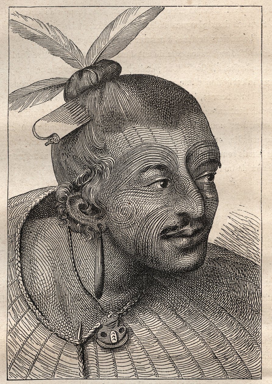 詹姆斯-库克船长（1728-1779）的第一次航行（1768-1771）：新泽兰达人（Neo Zelandais）的纹身头像--插图取自 "18世纪的伟大航海家" 作者 未知艺术家