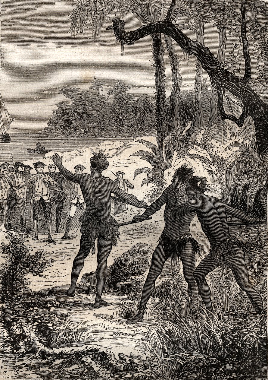 詹姆斯-库克船长（1728-1779）的第一次航行（1768-1771）：当库克和十名水手在新几内亚的经线海岸航行时，三名印第安人从树林中爬出来，发出巨大的尖叫声--插图摘自 "18世纪的伟大航海家" 作者 未知艺术家