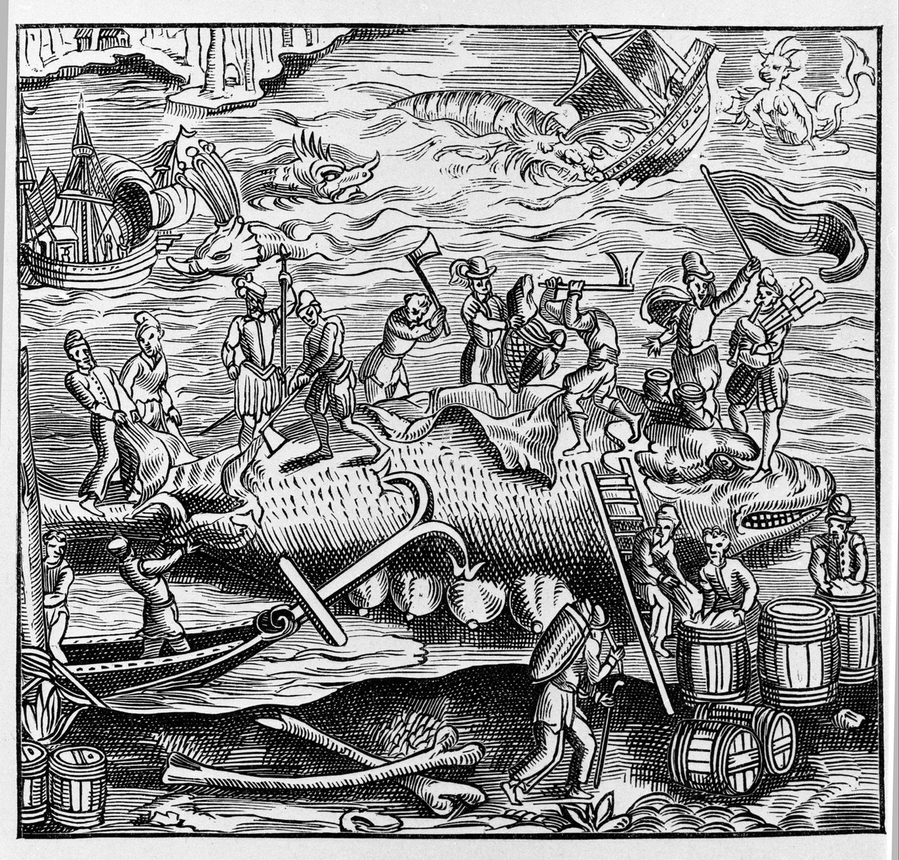 钓鱼和捕鲸，基于 Thevet 的“Universal Csmography”中的木版画。 巴黎 1575 作者 未知艺术家